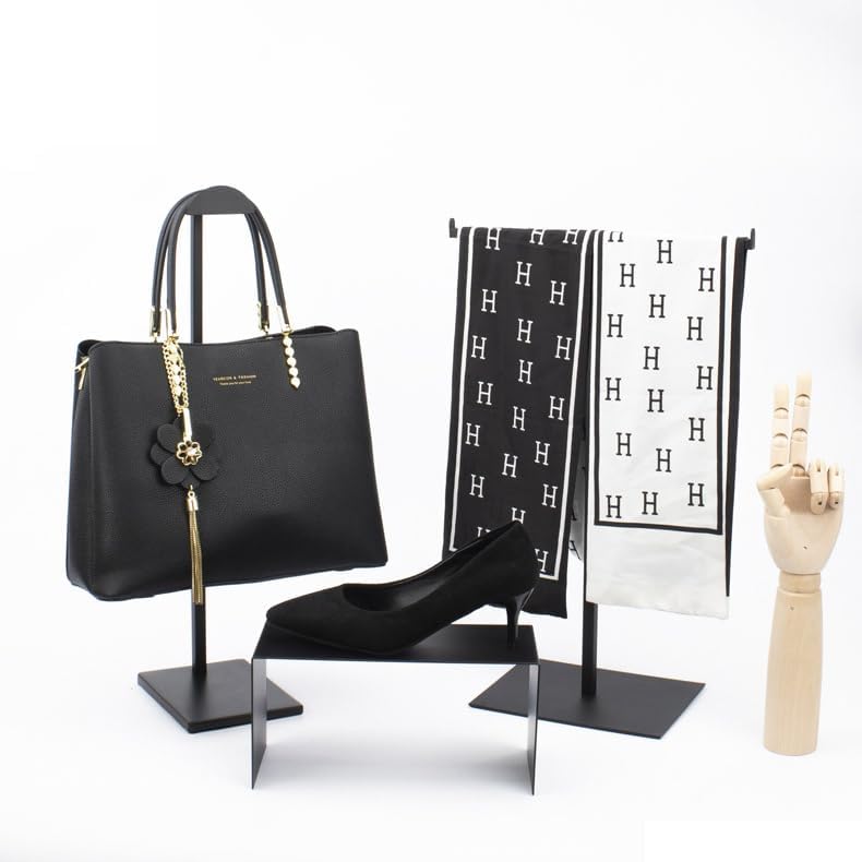 Purse Display Stand T Shaped, Countertop Jewelry/Scarf/Handbag T-Bar Display Stand, Tabletop Double Hook Hanging Stands for Long Necklaces, Metal with Adjustable Height (Black, 2Pcs)