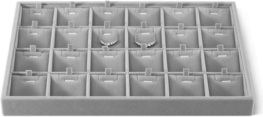 Velvet Necklace Display Tray, Stackable 24 Grid Insert Pendant Necklaces Storage Holder Plate, Jewelry Retail Countertop Organizer (Gray)