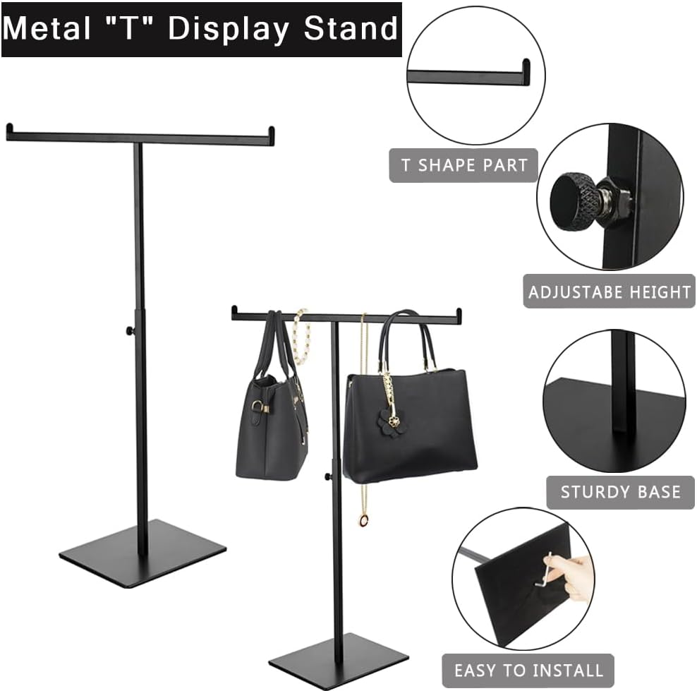T-shaped metal rack stand,2pcs Adjustable Purse Display Stand Jewelry Towers, Table Hanging Rack, Suitable for Long Necklaces, Scarves, Hanging Ribbons, Jewelry and Handicrafts Display (Black 2pcs)