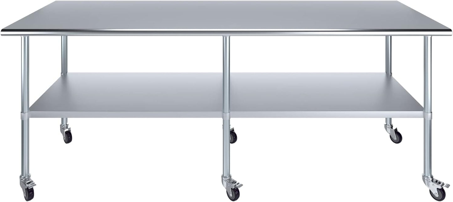 AmGood 96" Long x 30" Deep Stainless Steel Table with Casters