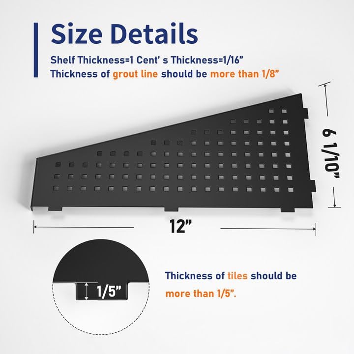 Corner Shower Shelf, Matte Black 12" Trapezoid Grout in Shampoo Shelf, 304 Stainless Steel Grid Design Recessed Bathroom Shelf for Tiled Wall