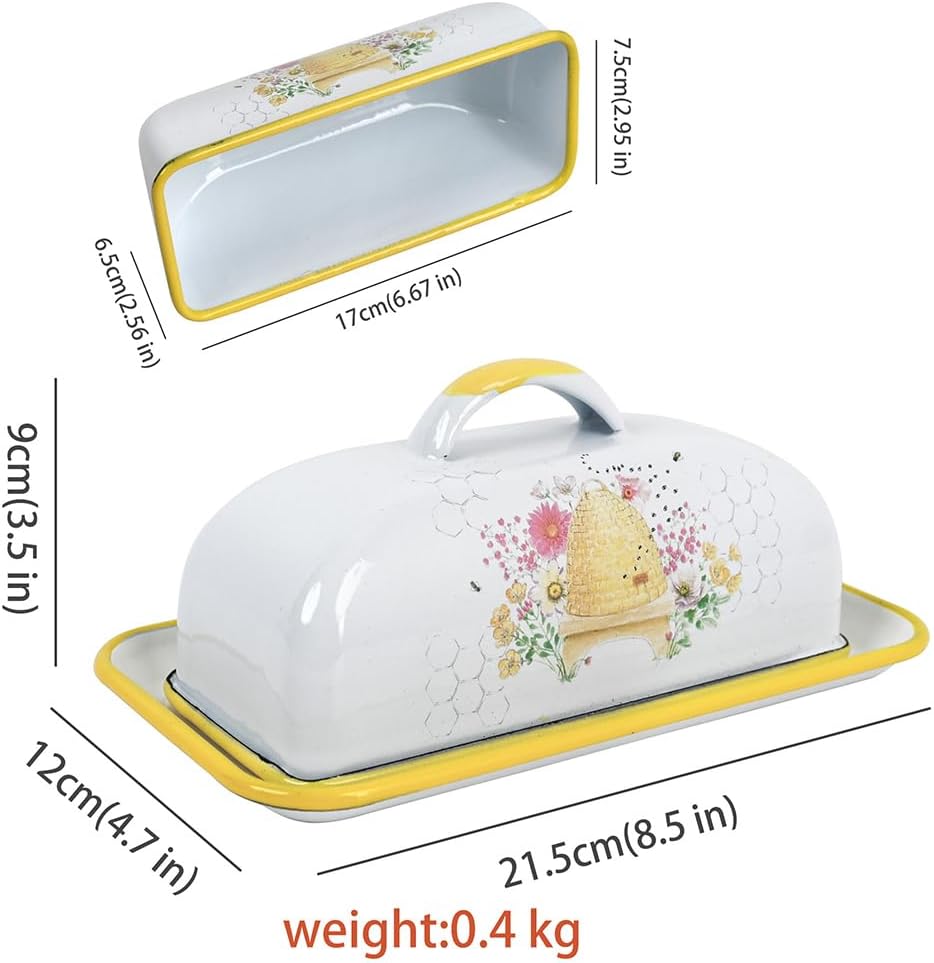 Enameled Farmhouse Vintage Butter Dish with Lid, 7.5 Inch Durable Kitchen Food Storage Container Rust-Resistant Refrigerator Safe,Vintage Decorative Design Kitchenware for Countertop