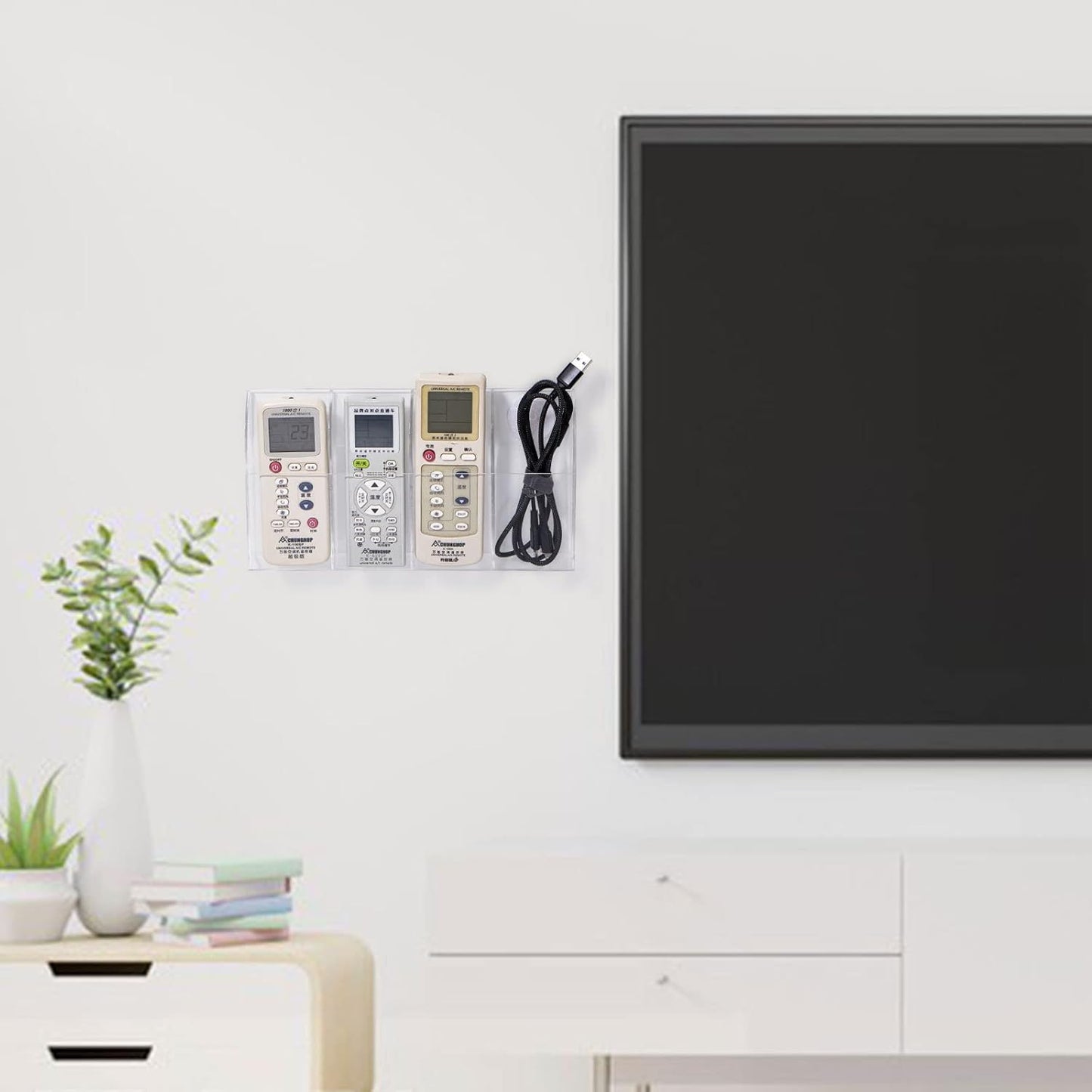 Yeeco Acrylic Remote Holder Wall Mount - 4 Compartment, Clear Acrylic Remote Control Holder, 10.4''1.6''5.6'' Wall Pen Holder, Pen & Makeup Key Organizer