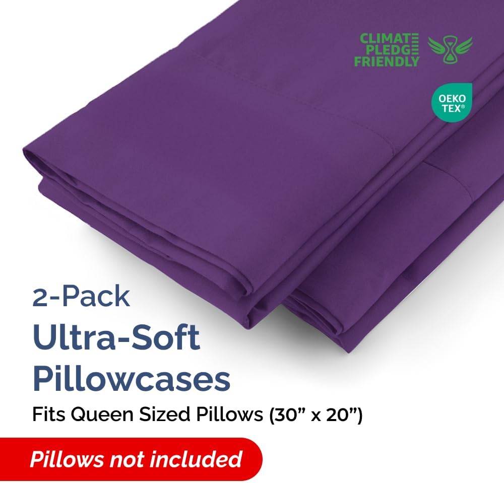 Queen Pillow Cases - 2 Pack - Super Soft Pillowcase Covers - Envelope Enclosure - Hotel Quality Pillow Protectors - Wrinkle Free, Fade, Shrink & Stain Resistant - Machine Washable - 20" x 30" (Purple)