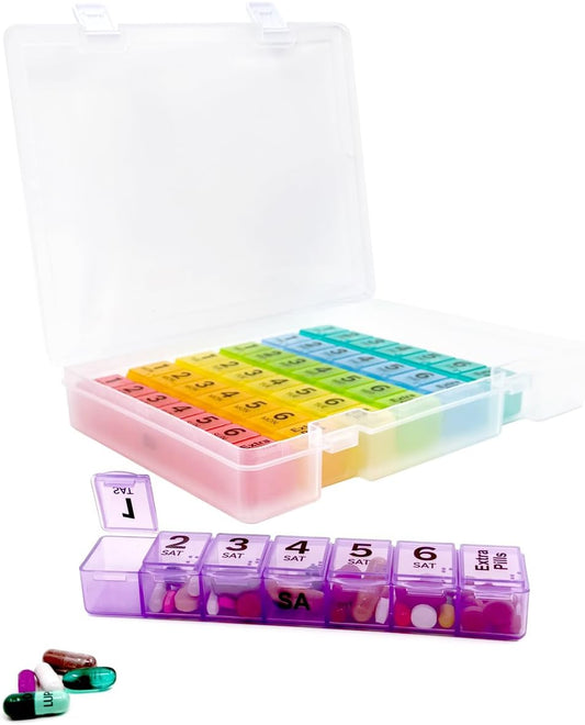 6 Times a Day Weekly Pill Box Organizer Case, Secure 7X Pillbox with Medication Schedule (6 Time-a-Day)