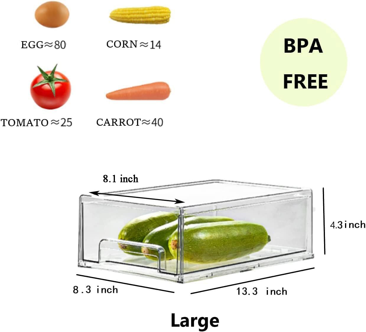 MANO 2Pack Clear Fridge Drawers Pull Out Stackable Refrigerator Drawer Organizer Bins Pantry Storage Box Plastic Food Containers for Kitchen Bathroom Office Closet (2pack Large)