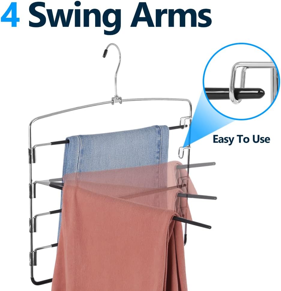 Pants Hangers 3 Pieces,5 Tier Closet Organizers and Storage Clothes Hanger,Hangers Space Saving with Swing Arm,Multiple Metal Hanger Clothes Organization for Pants Trousers Jeans Leggings Slacks