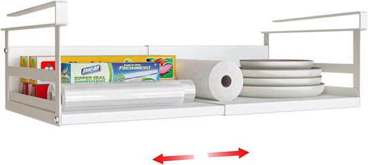 Expandable Under Cabinet Shelf Organizer with 0.94-Inch Thick Clips, Heavy Duty Extendable Under Shelf Storage Basket for Pantry or Laundry Room, White, 1 Pack, Interior: 4.13" H x 8.54" D