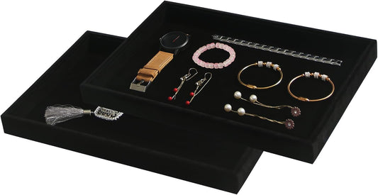 Coward 2Pcs/Set Black Velvet Stackable Jewerlry Organizer Tray Velvet Blank Tray Holder for Beads Bracelets Necklaces Earrings Store Selling or Home Show