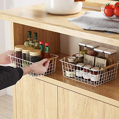 Kitchen Wire Baskets Farmhouse Decor Metal Food Storage Organizer,Household Refrigerator Bin with Built-in Handles for Cabinets, Pantry,Bathroom 4 Packs (white)