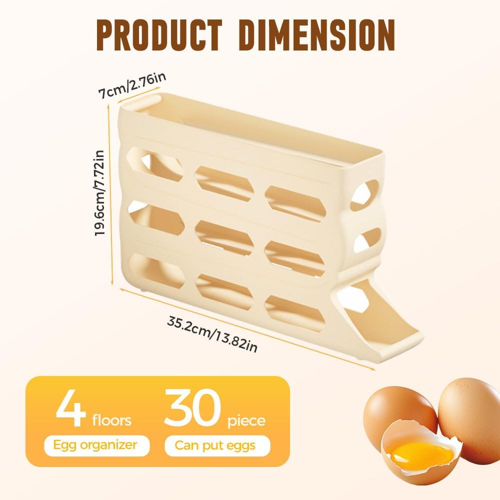 4-Tier Refrigerator Egg Holder, Automatic Gravity-Fed Rolling Egg Dispenser with Easy-Load Design, Space-Saving Fridge Organizer for Up to 30 Eggs, Kitchen & Pantry Storage Container (White) (beige)