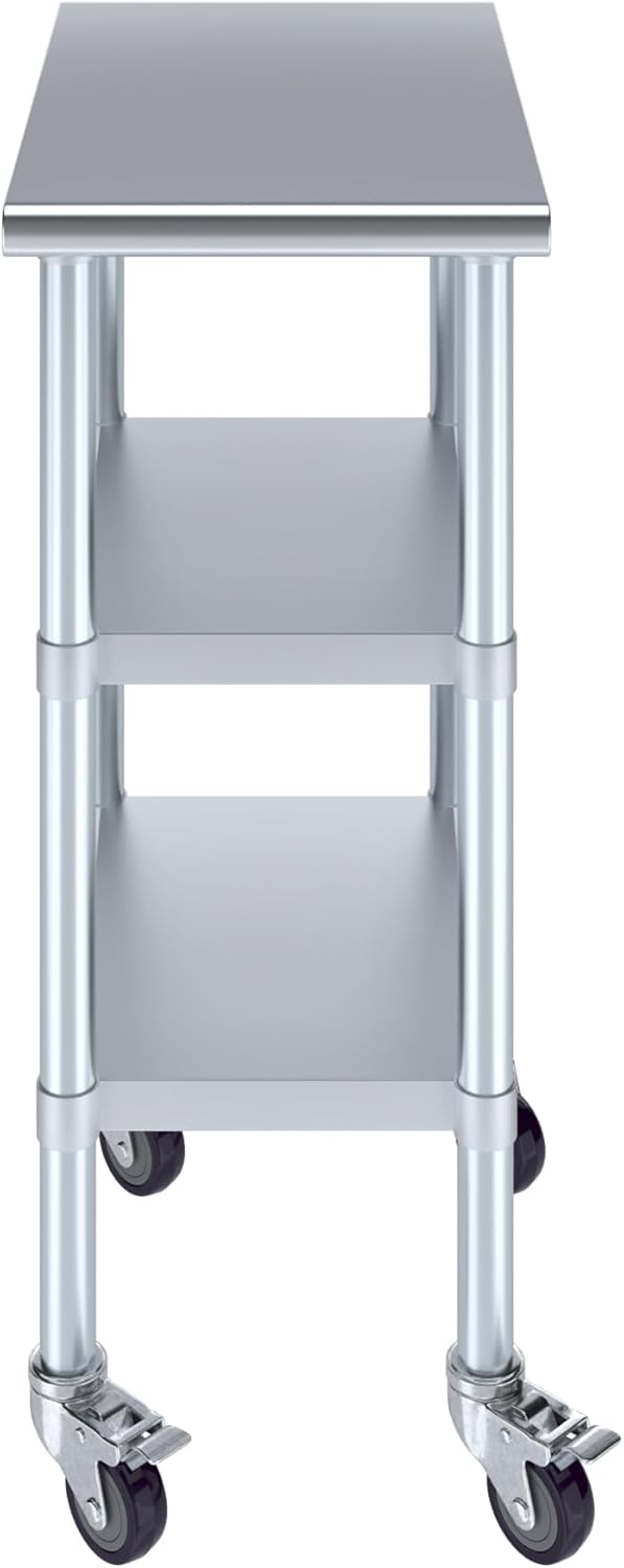 AmGood Stainless Steel Work Table with 2 Shelves and Casters | Metal Utility Table On Wheels (Stainless Steel Work Table with 2 Shelves + Casters, 15" Long x 24" Deep)
