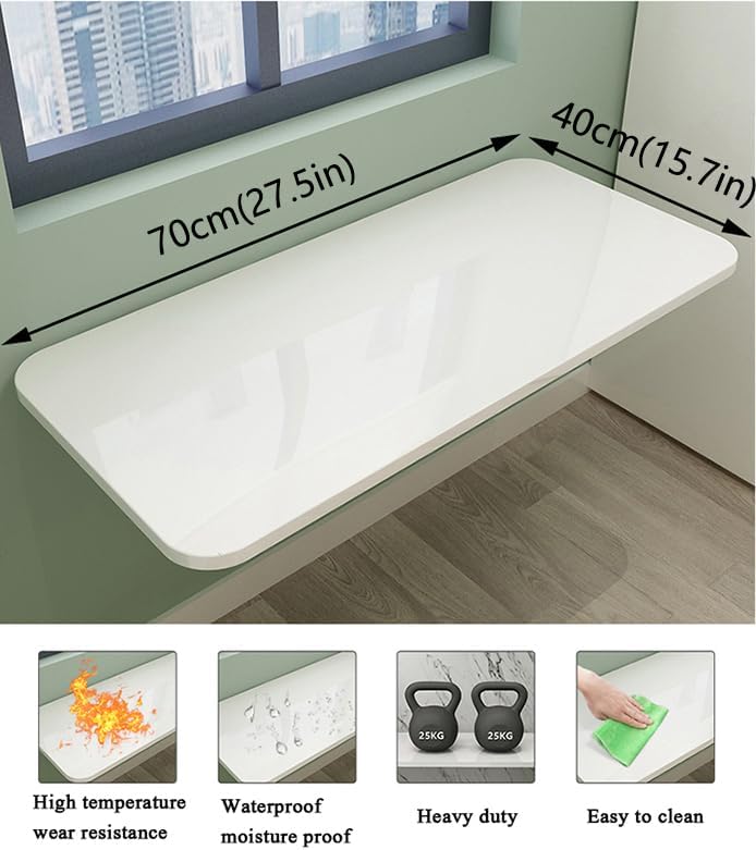 Wall Mounted Folding Table,White Floating Desk for Small Spaces,Stainless Steel Bracket Laundry Folding Table,Wall Folding Desk,Home Bars and Dining Establishments70x40cm /27.5" x 15.7"
