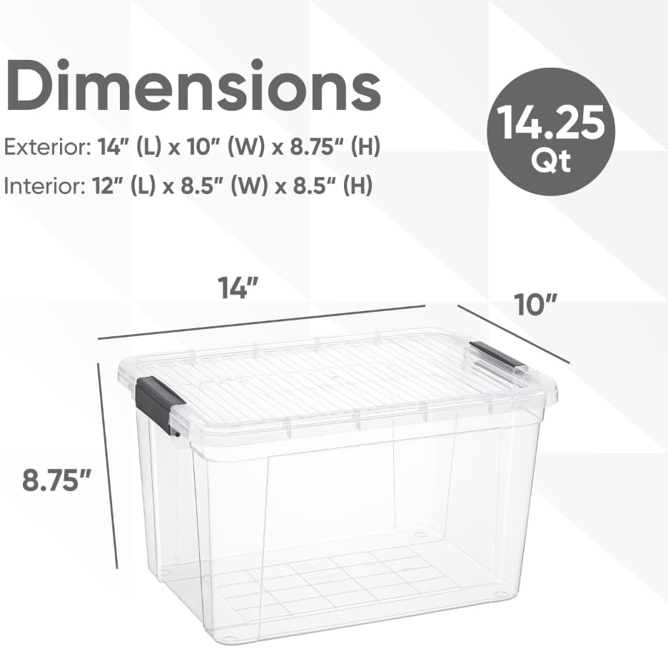 Superio Clear Storage Boxes with Lids, 14.25 Quart Plastic Container Bins for Organizing, Stackable Crates, BPA Free, Non Toxic, Odor Free, Organizers for Home, Office and Dorm, 6 Pack