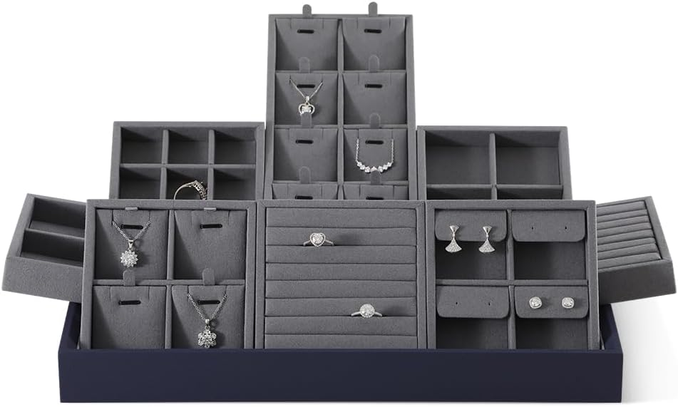 Dark Blue Jewelry Display Tray Ring Necklace Earring Bangle Organizer Multifunctional Storage Case for Jewelry Showcase (Small Ring Tray(8 bars))