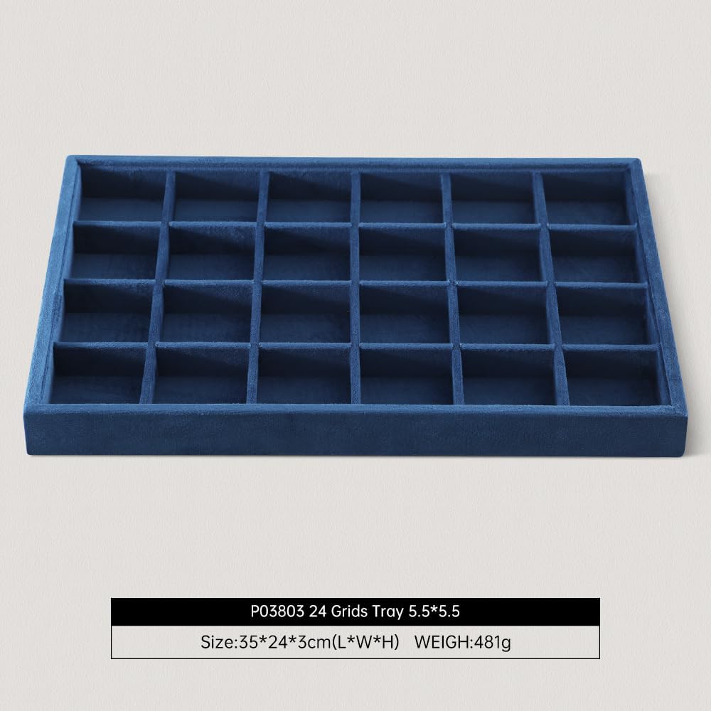 Velvet Stackable Jewelry Display Tray, 24 Grid Earring Ring Storage Tray, Drawer Divider Jewelry Accessories Organizer Plate (Blue)