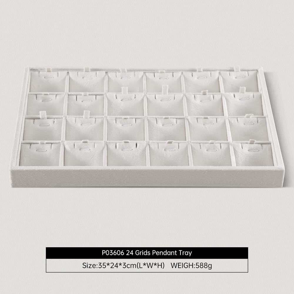 Velvet Necklace Display Tray, Stackable 24 Grid Insert Pendant Necklaces Storage Holder Plate, Jewelry Retail Countertop Organizer (White)