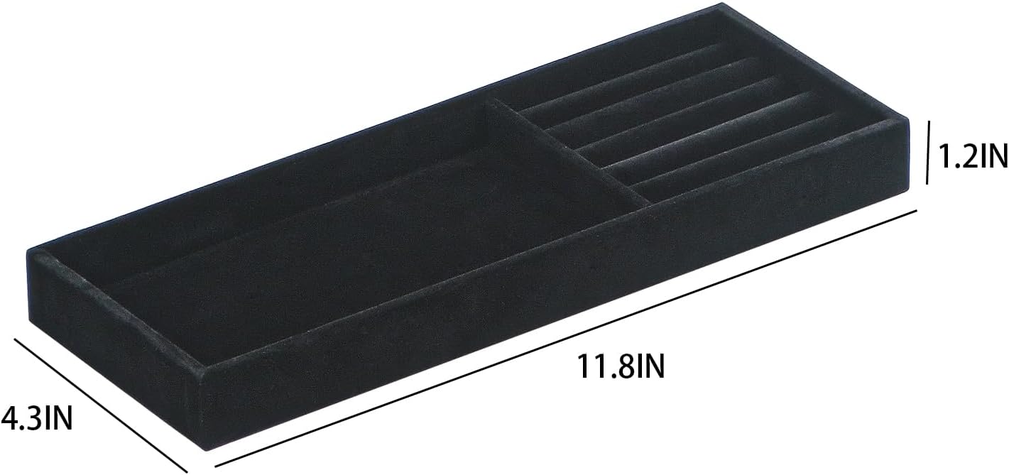 Divided Drawer Organizer - Velvet Jewelry Storage Tray for Necklace, Bracelet, Ring, Earring Display - Bedside Nightstand Desk Holder for Phone, Watch, Sunglasses, Cosmetics Storage - Black, 2 Grid