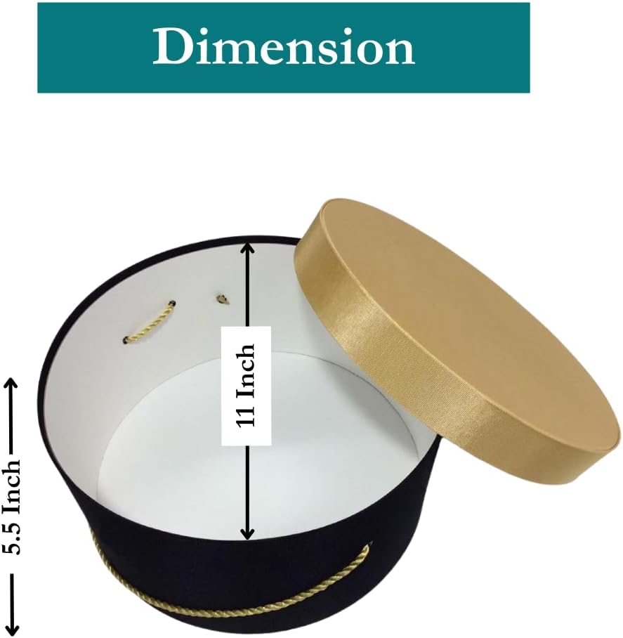 Sarah's Hat Boxes Classic Black/Gold Hat Box – 11" x 5.5" (Dia. x Ht.) Handmade in USA – Odorless Non-Toxic Adhesive, Cording Handle – Premium Storage for Hats & Accessories
