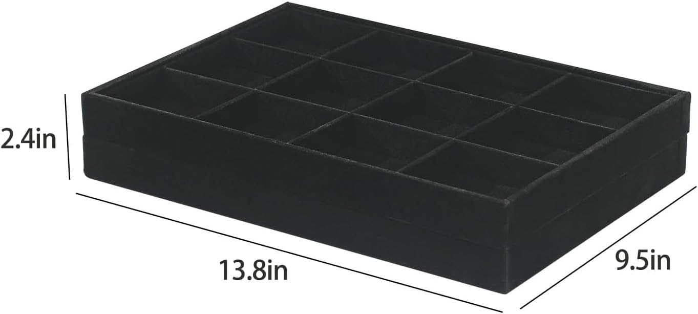 2pcs/Set Velvet Jewelry Tray, 12 Grids Large Storage Tray for Bracelet Bangle Beads Display, Jewellery Organizer Box Tray for Home Drawer or Shop Store Selling Show (Black Velvet)