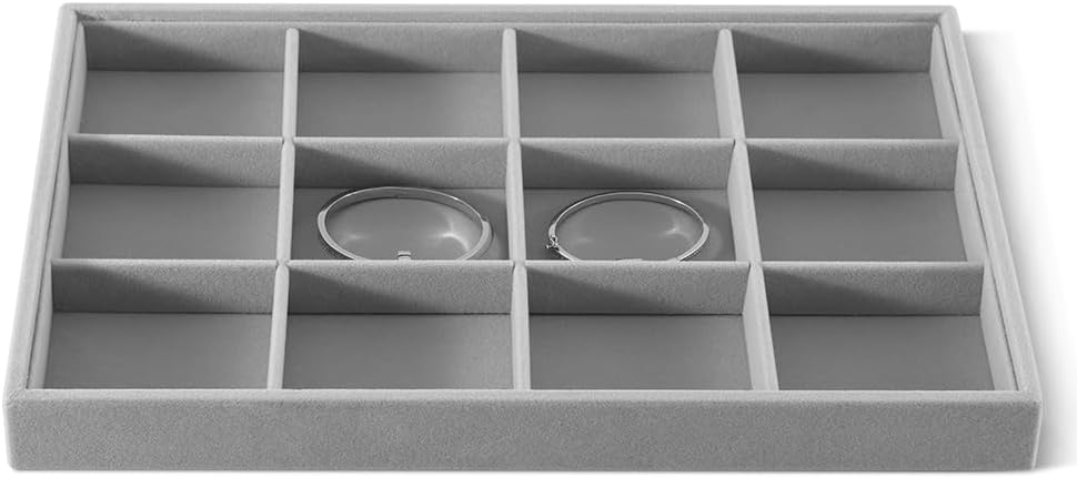 Velvet Stackable Jewelry Display Tray, 12 Grid Watch Bangle Bracelet Storage Tray, Makeup Drawer Insert Jewelry Shop Organizer Plate (Gray)