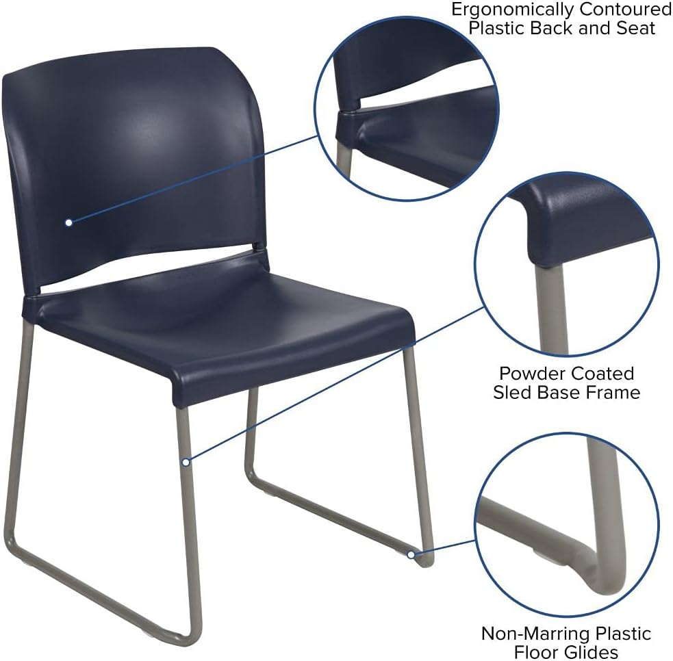 Flash Furniture HERCULES Series 880 lb. Capacity Navy Full Back Contoured Stack Chair with Gray Powder Coated Sled Base