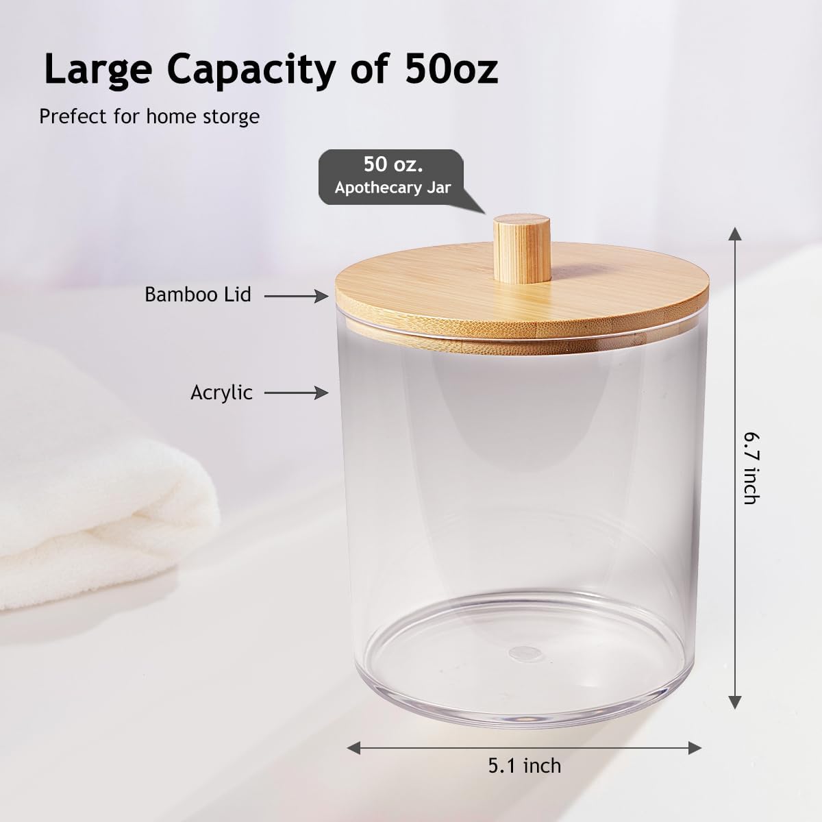 SheeChung 1 Pack 50 Oz Large Apothecary Jar with Bamboo Lid, Laundry Pods Container, Storage Jars for Bathroom Organization, Plastic Canisters with Cute Stickers Spoons(Natural)