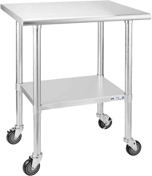 Hally Stainless Steel Table for Prep & Work 24 x 30 Inches with Caster Wheels, NSF Commercial Heavy Duty Table with Undershelf and Galvanized Legs for Restaurant, Home and Hotel