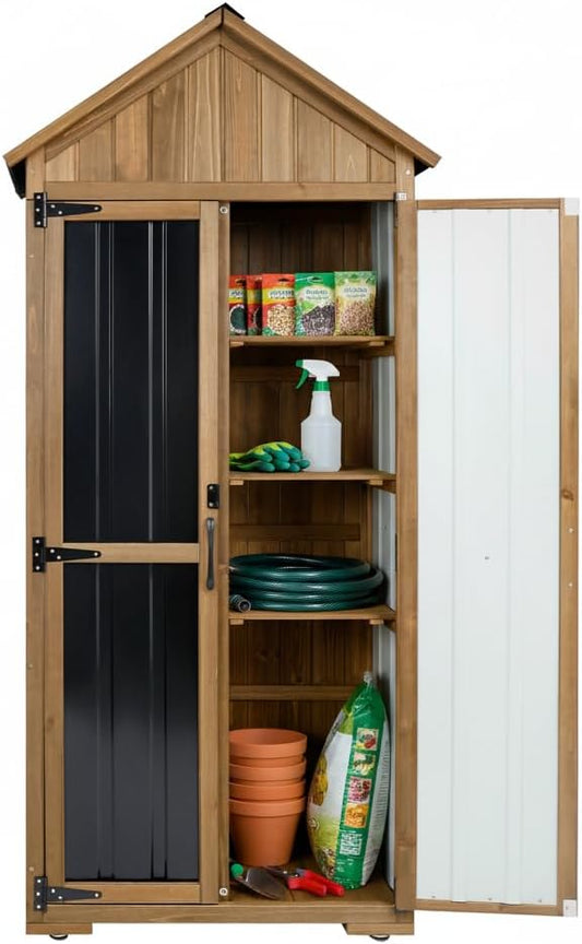 Outdoor Storage Cabinet with Shelves, Wood & Metal Storage Shed with Weatherproof Roof, 3 Removable Shelves, Double Lockable Doors, Adjustable Feet, Outside Storage Cabinet for Garage,Backyard, Patio
