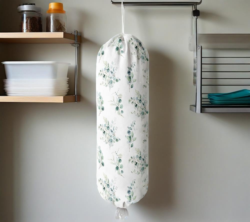 Plastic Bag Holder Wall Mount Grocery Bag Holder for Plastic Bags Organizer for Kitchen,Cute Cat Home Kitchen Decor Gifts for Women(Eucalyptus Leaves)