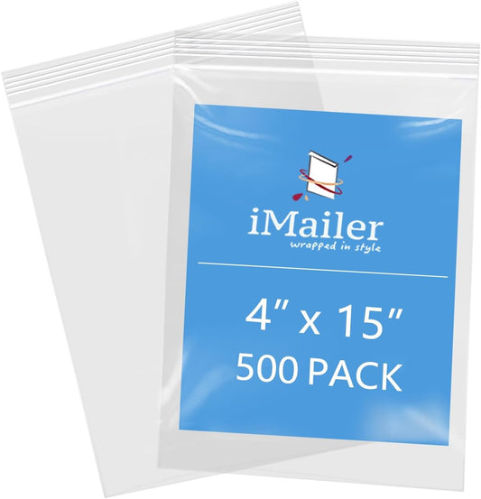 iMailer - 4" x 15" 500 Pack- 2 Mil Resealable Zip Bags- Small Clear Plastic Bags for Storage, Organizing, Crafts, Snacks, Jewelry, Hardware