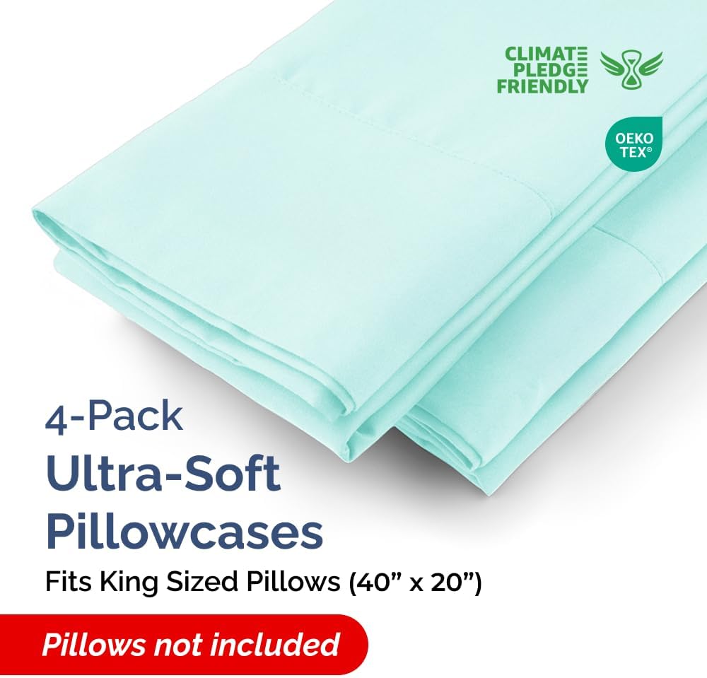 King Pillow Cases - 4 Pack - Super Soft Pillowcase Covers - Envelope Enclosure - Hotel Quality Pillow Protectors - Wrinkle Free, Shrink and Stain Resistant - Machine Washable - 20" x 40" (Spa Blue)