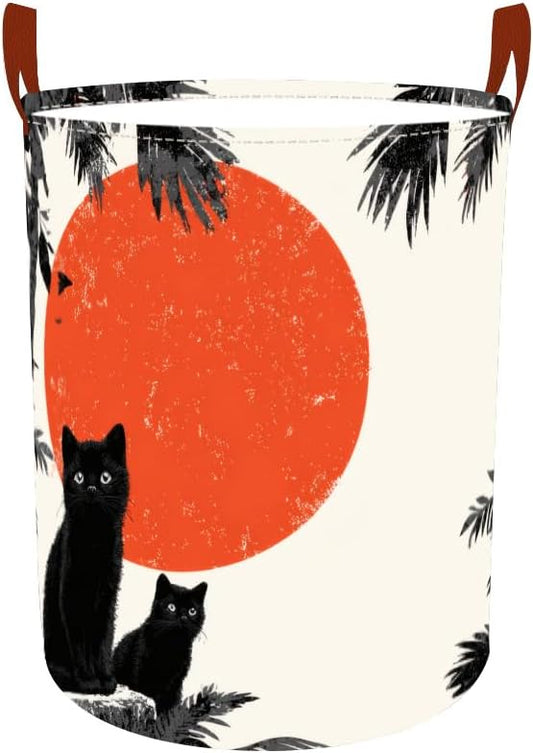 Laundry Baskets 15.7x19.7 Inch Large Black Cat Red Sun Jungle Design Collapsible Laundry Hamper with Handles Oxford Fabric Clothes Storage Bin Foldable Dirty Clothes for Bedroom Bathroom Dorm
