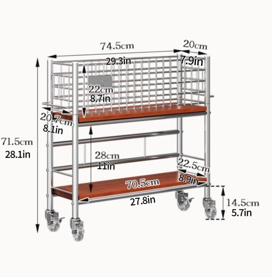 Slim Storage Cart with Wheels, 2 Tier Rolling Cart with Solid Wood Open Shelf, Space-Saving Snack Cart, Utility Cart for Kitchen, Bathroom, Living Room