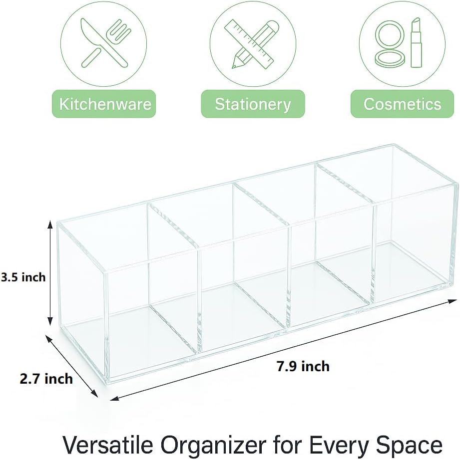 Clear Acrylic 4-Compartment Organizer Box, Small (7.9" × 2.7" × 3.5") – Handcrafted, Eco-Friendly, Minimal Packaging Compact Storage Organizer