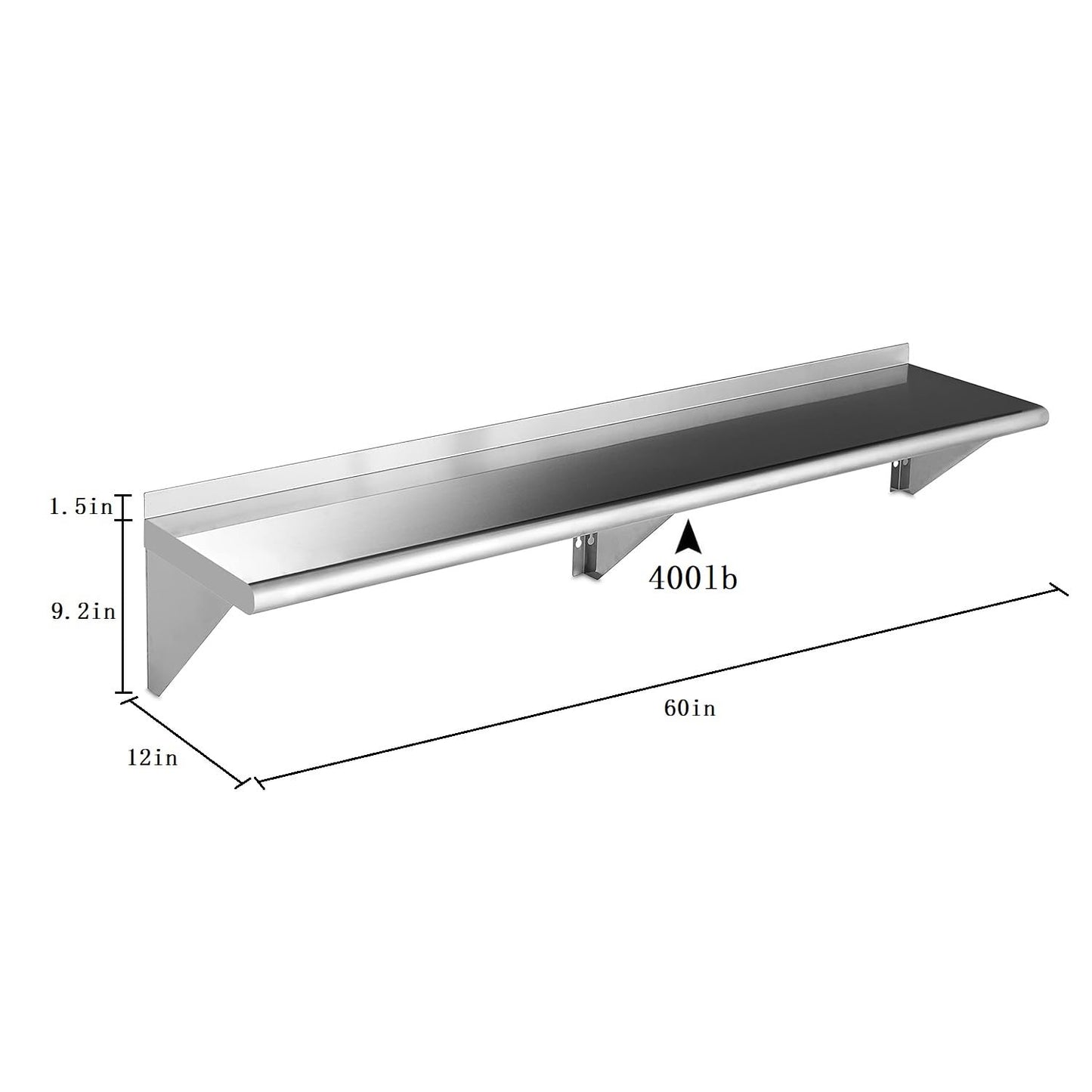 ROCKPOINT Stainless Steel Shelf 12 x 60 Inches 400lb, NSF Metal Commercial Shelves Wall Mount Floating Shelving with Backsplash for Restaurant, Kitchen, Home and Hotel, Silver
