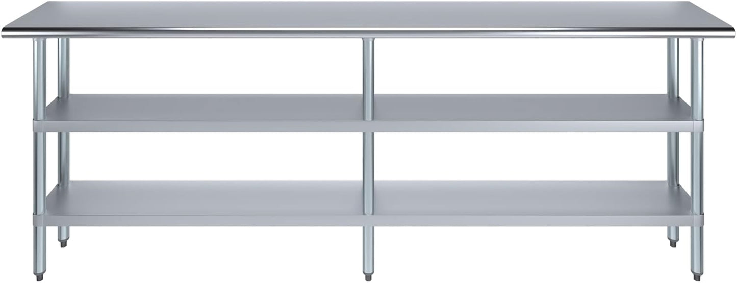 AmGood Stainless Steel Work Table with 2 Shelves | NSF | Metal Utility Table (96" Long x 14" Deep)