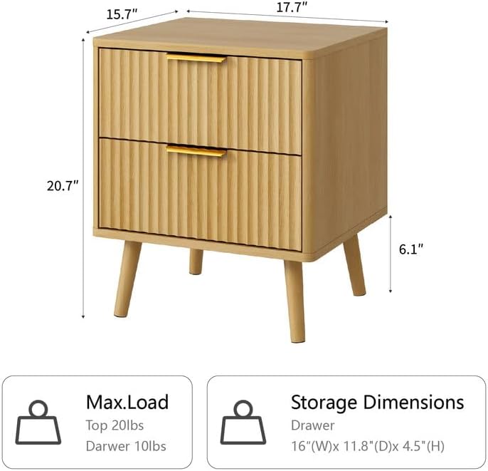 CARPETNAL Fluted Nightstand Set of 2, Oak Bedside Table with 2 Drawers and Gold Handles, Wood End Table Mid Century Night Stands for Bedroom Living Room