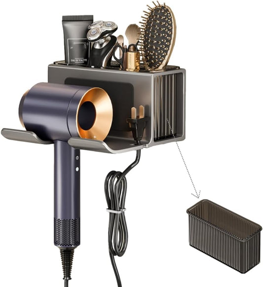 Hair Dryer Holder Wall Mounted,with Individually Removable Organizer Box, Aluminum Blow Dryer Holder for Bathroom, Salon Organizers & Storage(Gunmetal Grey),Weight Capacity 10 kg (22 lbs)
