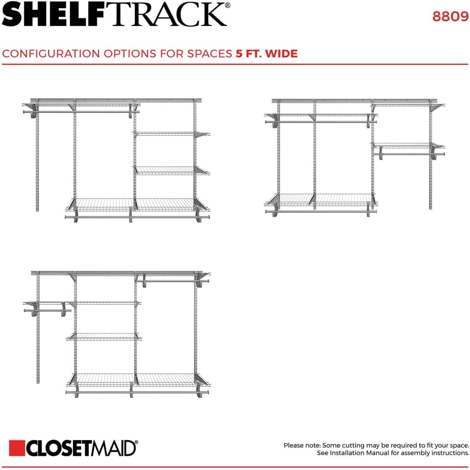 ClosetMaid ShelfTrack Wire Closet Organizer System, Adjustable from 5 to 8 Ft., With Shelves, Clothes Rods, Hardware, Durable Steel, Satin Chrome
