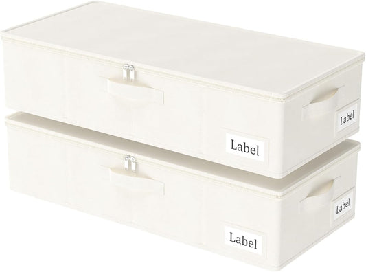 Yawinhe Underbed Bags, Storage Containers Bags with Lid, Foldable Blanket Bins, with Sturdy Zipper und Label Holders, for Clothing, 23.6''Lx11.8''Wx6''H, 2 Pack, Beige