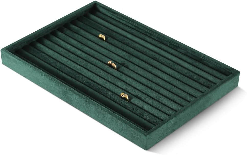 Velvet Ring Display Tray, Stackable Muilt Slot Rings Ear Stud Storage Tray, Drawer Insert Jewelry Accessories Organizers Plate (Green)