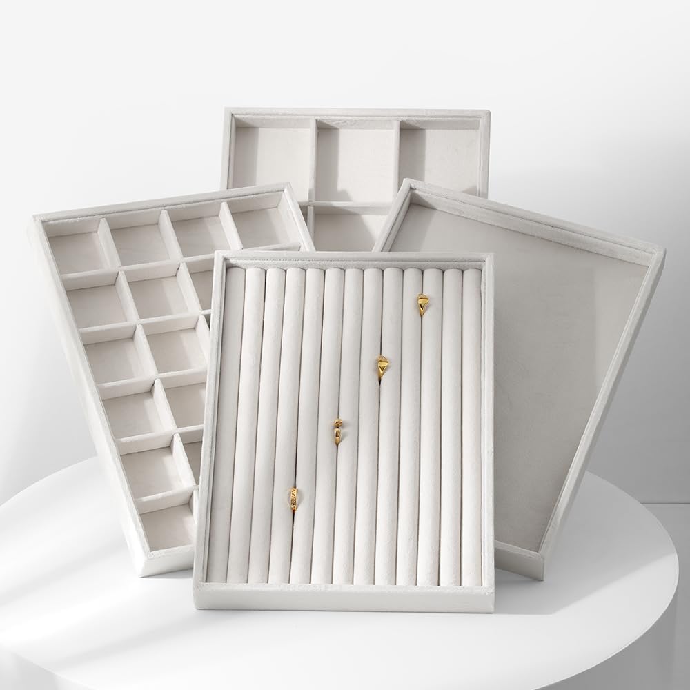 Velvet Ring Display Tray, Stackable Muilt Slot Rings Ear Stud Storage Tray, Drawer Insert Jewelry Accessories Organizers Plate (White)
