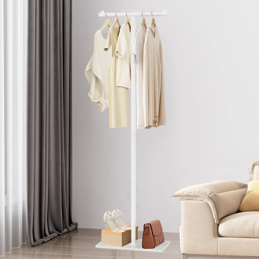 T-Shaped Metal Rack Stand, Modern Clothes Rack With Rock Slab Base,68.8 Inch Freestanding Clothing Rack Stand,Suitable For Boutiques, Entryway, Bedroom, Living Room, Hallway, (White, 68.8inch)