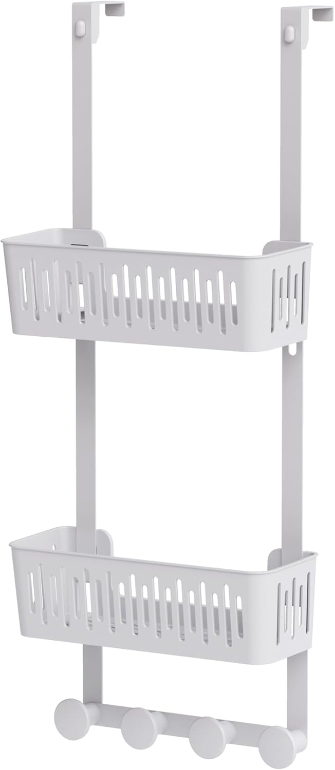 Zenna Home SnugFit Over the Door Caddy Organizer with 2 Storage Baskets and 4 Hooks, Over Door Hanging Organizer for Bathroom, Kitchen, Bedroom, Closet, Easy to Install, No Drilling, White