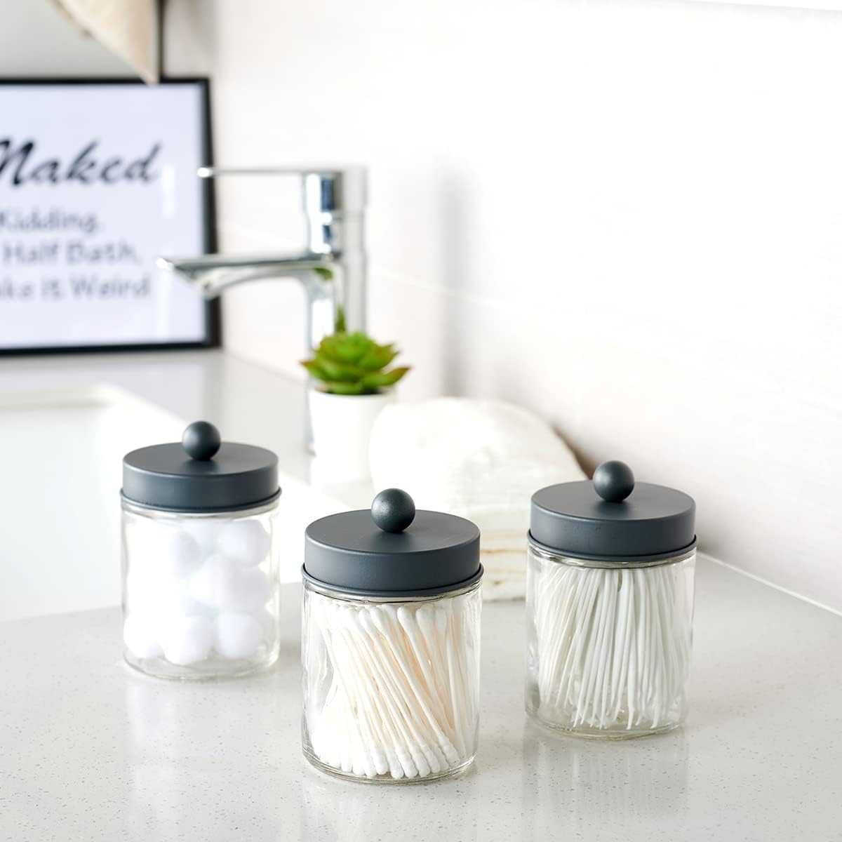 Amolliar Apothecary Jars Bathroom Storage Organizer - Cute Qtip Dispenser Holder Vanity Canister Jar Glass with Lid for Cotton Swabs,Rounds,Bath Salts,Makeup Sponges,Hair Accessories/Grey（2 Pack）
