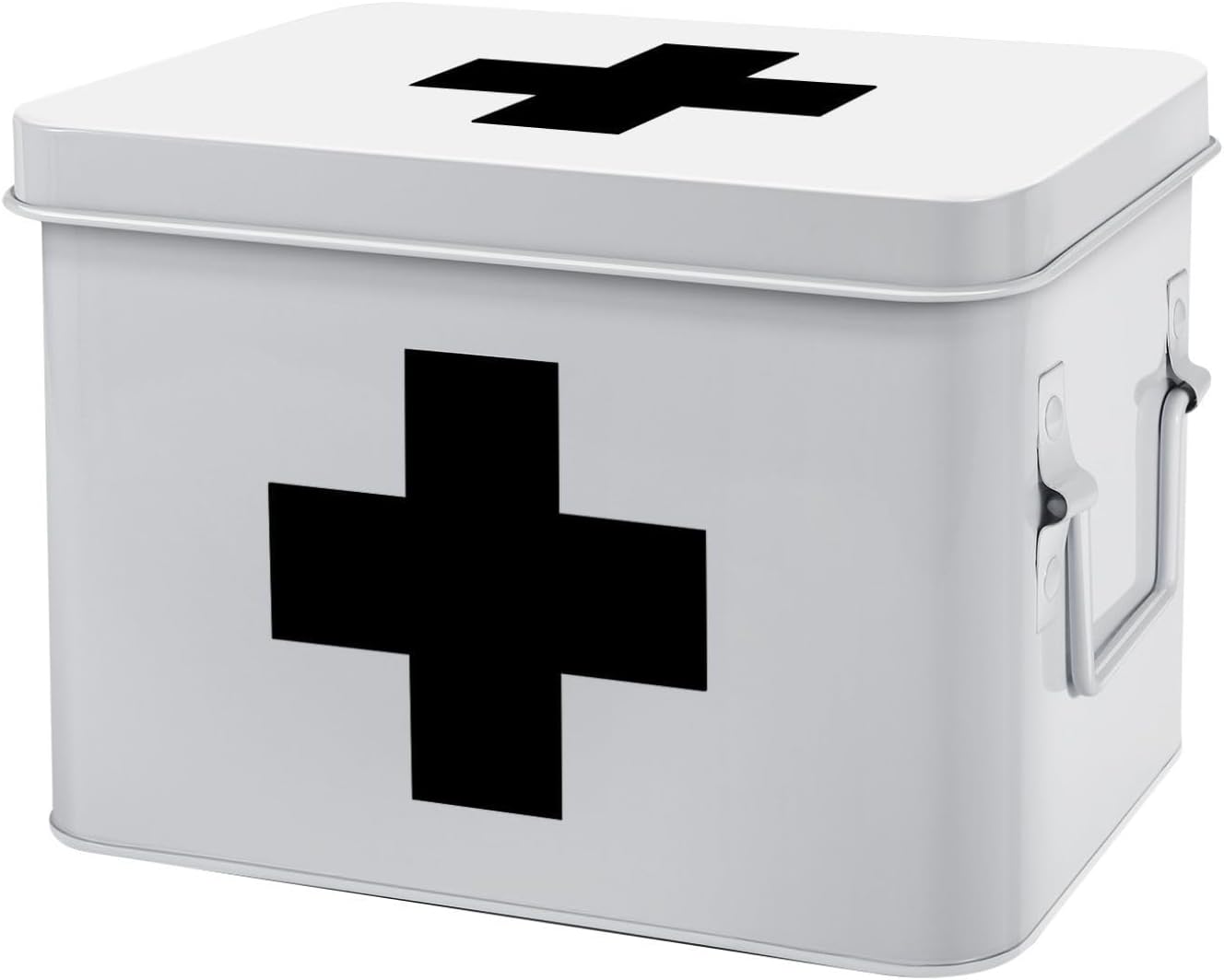 Flexzion First Aid Medicine Box Supplies Kit Organizer - Empty 8" White Metal Tin Medic Storage Bin Hard Case with Removable Tray Gold Cross, Vintage Antique Boxes for Home Family Emergency Tool Set
