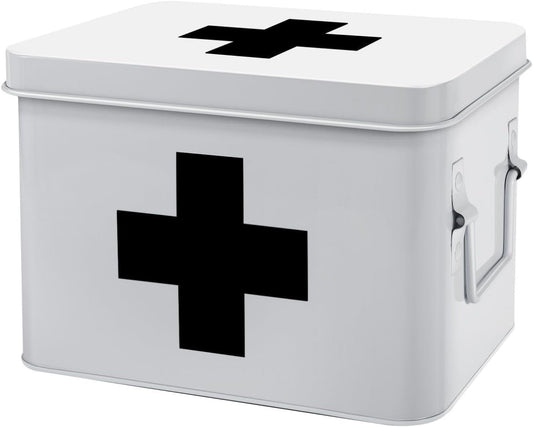 Flexzion First Aid Medicine Box Supplies Kit Organizer - Empty 8" White Metal Tin Medic Storage Bin Hard Case with Removable Tray Gold Cross, Vintage Antique Boxes for Home Family Emergency Tool Set