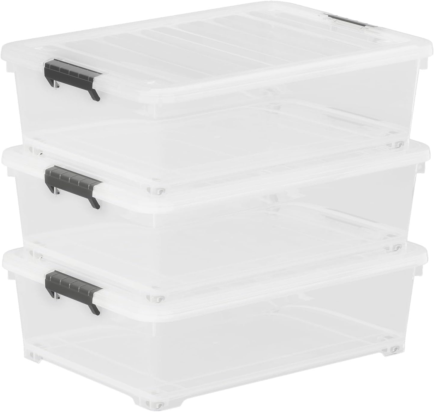 30 L Wheeled Latch Box, Clear Underbed Storage Bin with Lid, Black Latch, 4 Count