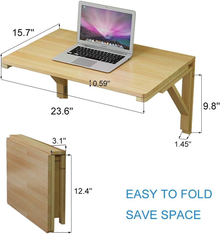 MM MELISEN Solid Wood Wall-Mounted Folding Table in Natural, 23.6" D x 15.7" W. A Space-Saving fold-Down Desk, Ideal for Laundry Rooms, Kitchens, Home Offices, or as a Kids' Study Desk